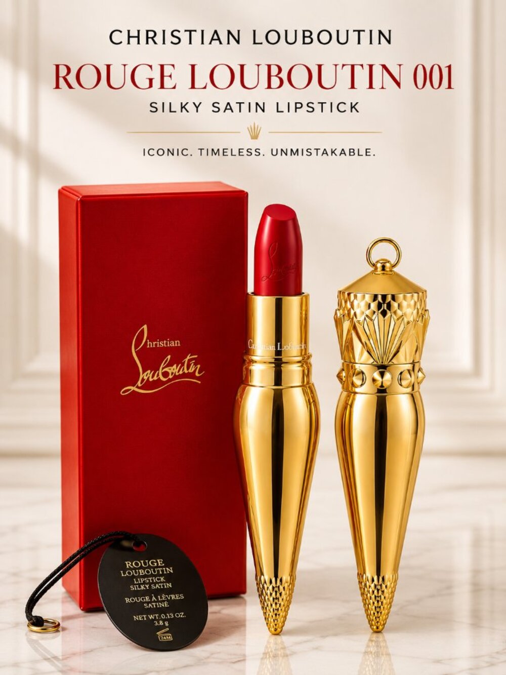 Christian Louboutin Rouge Louboutin 001 Silky Satin Lipstick Red Gold Case NIB